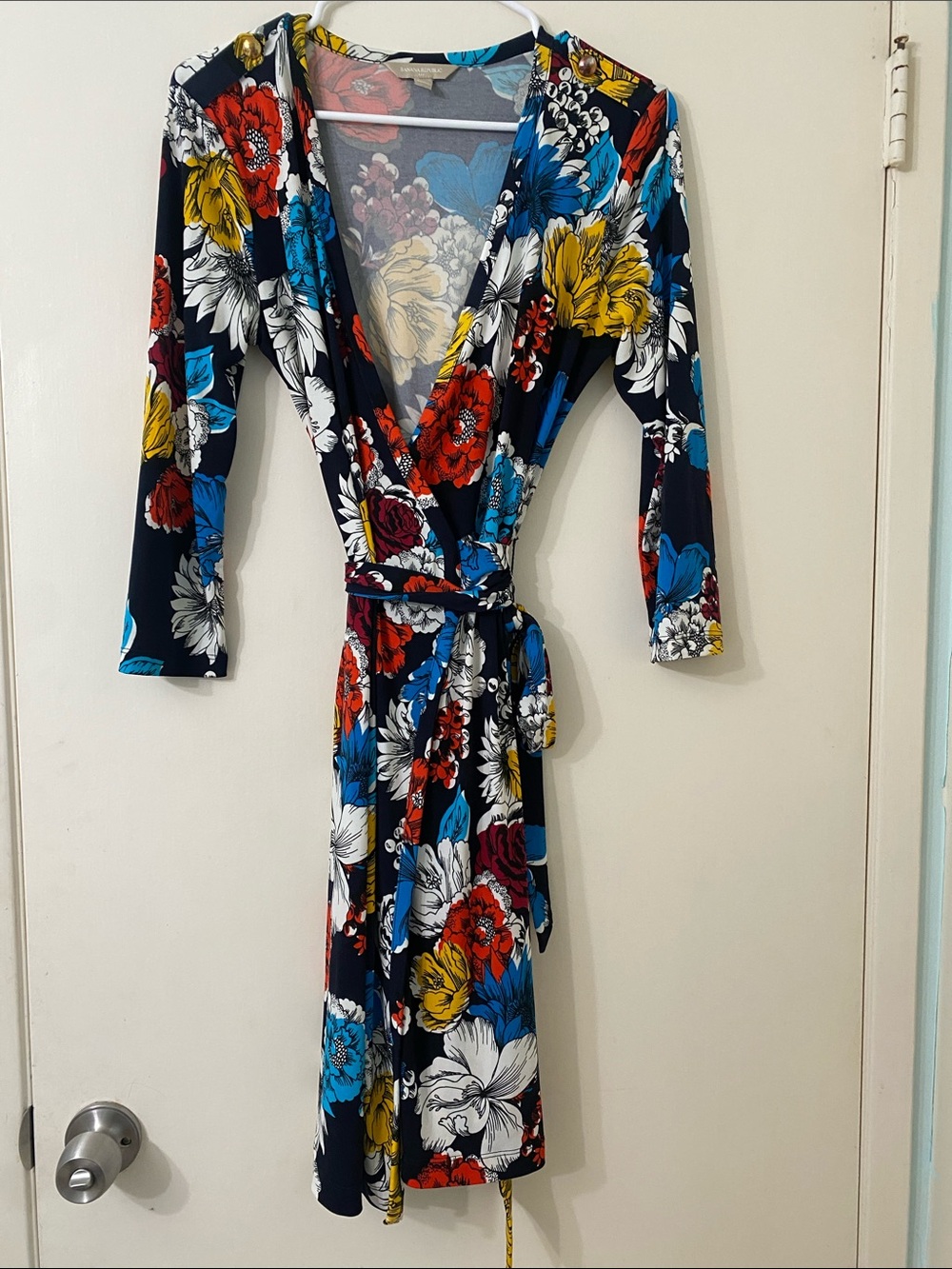 Banana Republic Navy Floral Wrap Dress with Red, Yellow, Blue